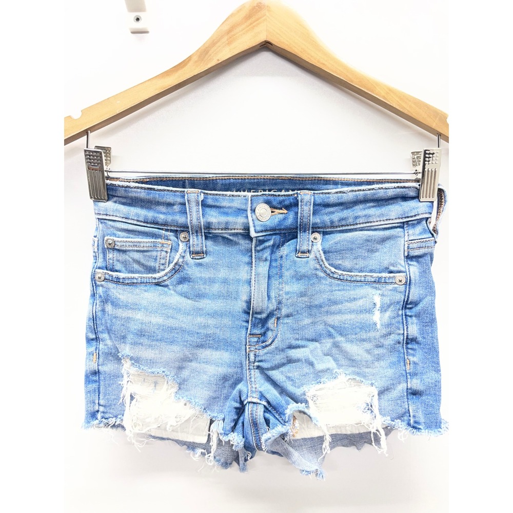 American Eagle High-Rise Shortie Distressed Denim Shorts Light Wash Size 000
